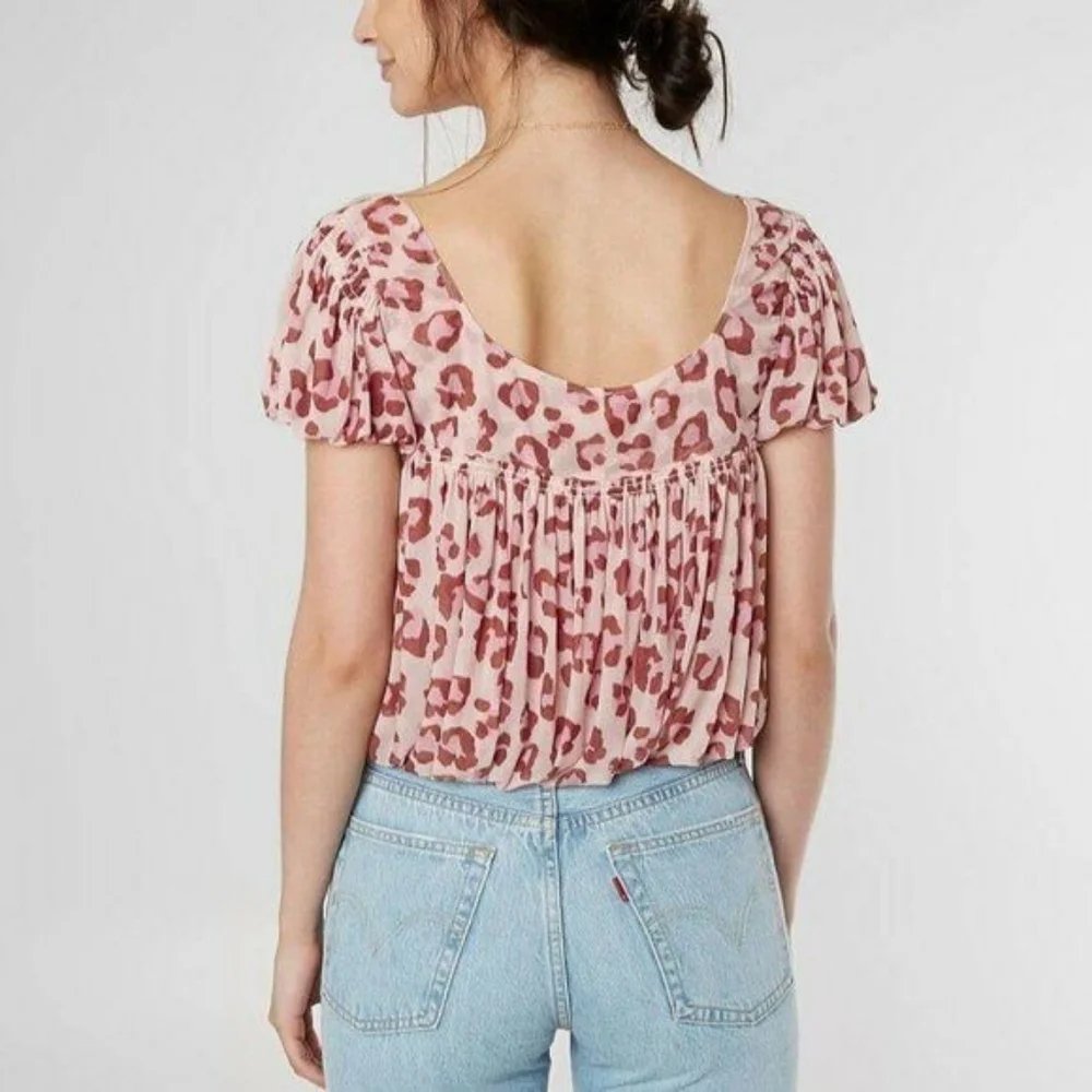 Free People Megs Blouse cheetah print Blush Pink mesh bubble hem size small